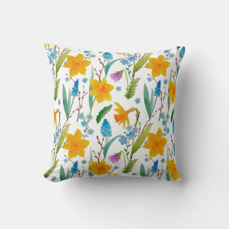 Spring Yellow Daffodil flower blue Decorative Cushion