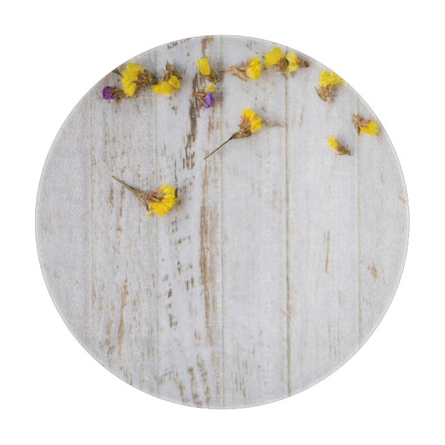 Spring yellow flowers, white plank decor. cutting board (Front)