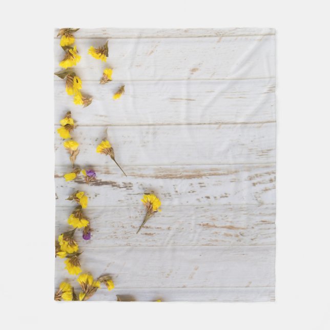 Spring yellow flowers, white plank decor. fleece blanket (Front)
