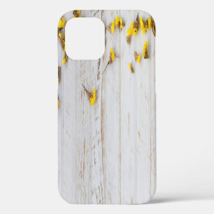 Spring yellow flowers, white plank decor. iPhone 12 case
