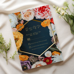 Spring yellow pink navy blue gold floral RSVP Invitation