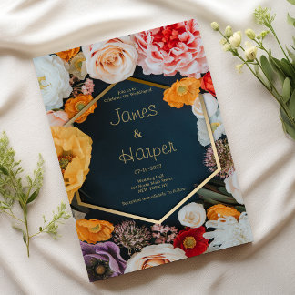 Spring yellow pink navy blue gold floral Wedding Invitation