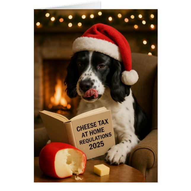 Springer spaniel  'Cheese Tax' Christmas card (Front)