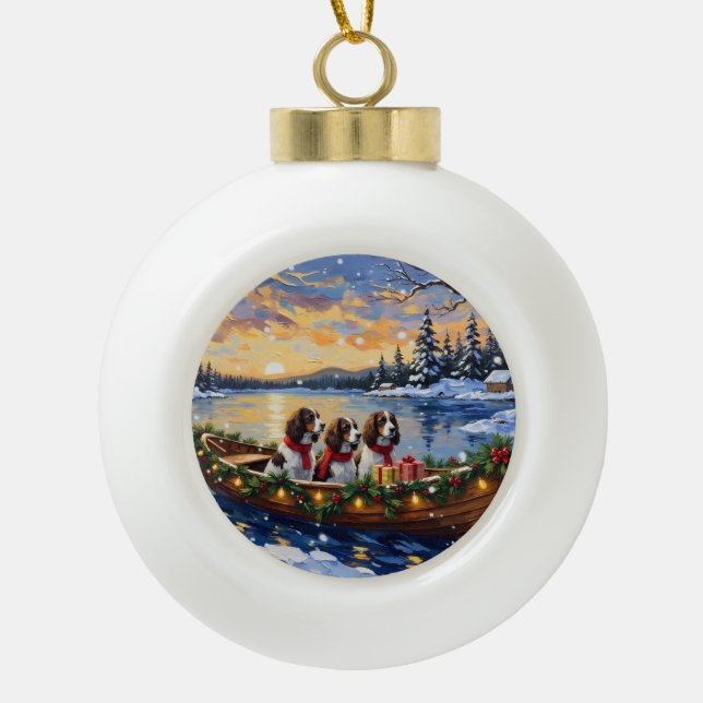 Springer Spaniel Christmas Boat Holiday Ceramic Ball Christmas Ornament (Front)