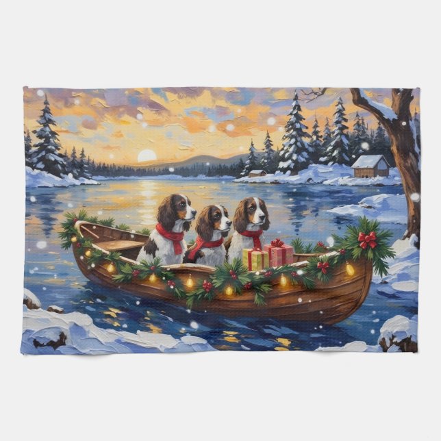Springer Spaniel Christmas Boat Holiday Tea Towel (Horizontal)