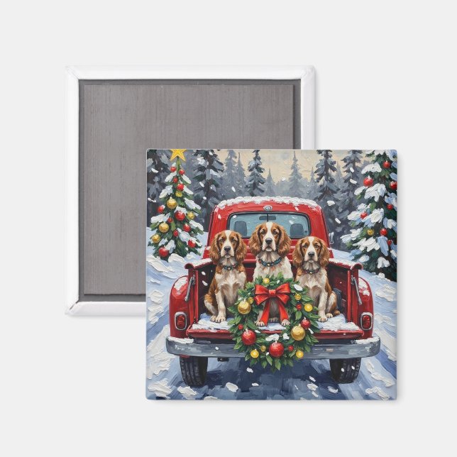 Springer Spaniel Christmas Red Truck Holiday Magnet (Front/Back)
