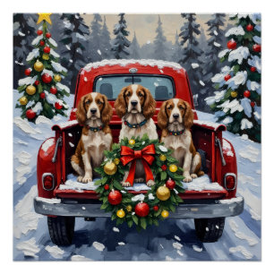 Springer Spaniel Christmas Red Truck Holiday Poster