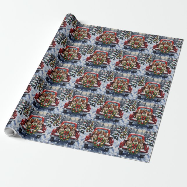 Springer Spaniel Christmas Red Truck Holiday Wrapping Paper (Unrolled)