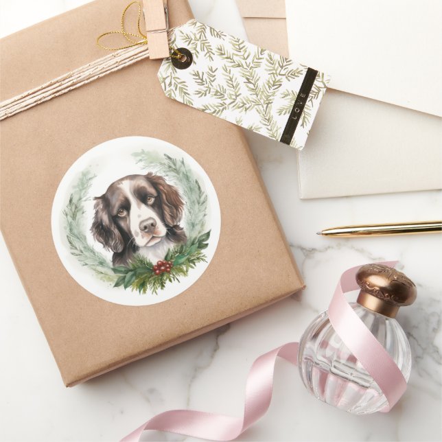 Springer spaniel Christmas Wreath Festive Pup Classic Round Sticker (Gifting)