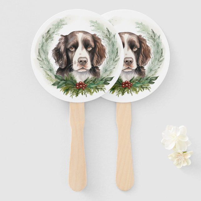 Springer spaniel Christmas Wreath Festive Pup Hand Fan (Front and Back)