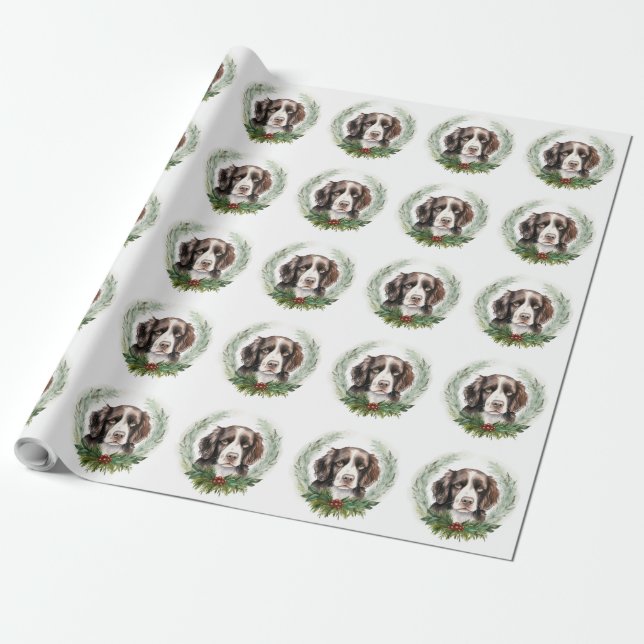 Springer spaniel Christmas Wreath Festive Pup Wrapping Paper (Unrolled)