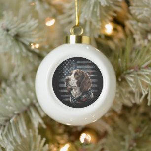 Springer Spaniel Dog American Flag Ceramic Ball Christmas Ornament