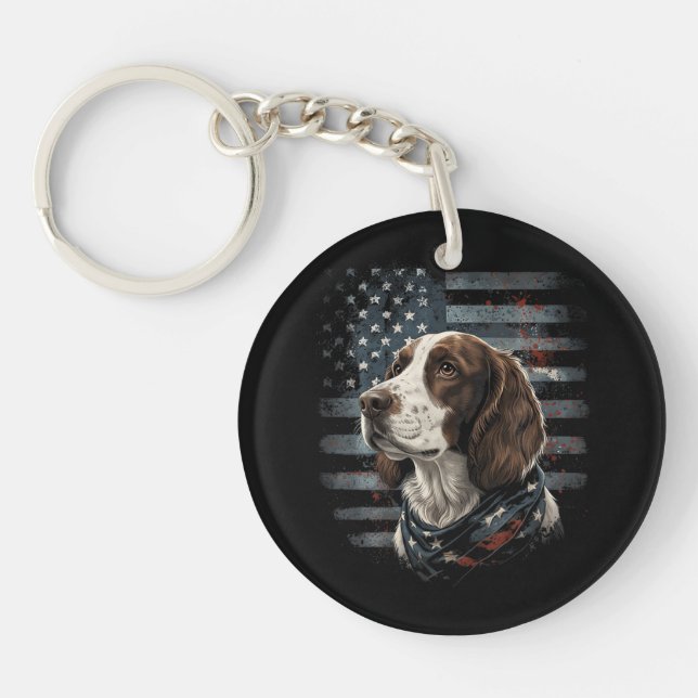 Springer Spaniel Dog American Flag Key Ring (Front)