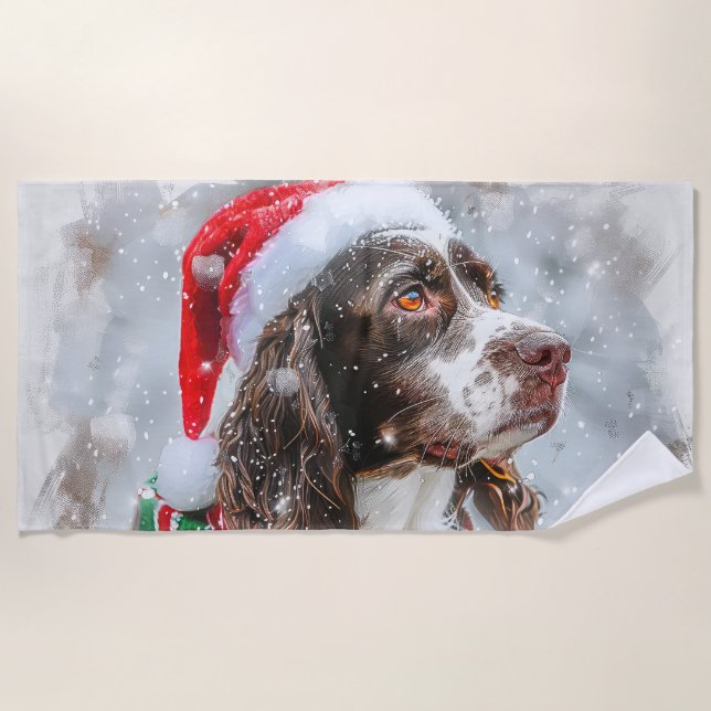 Springer Spaniel Dog Christmas Festive Beach Towel (Front)