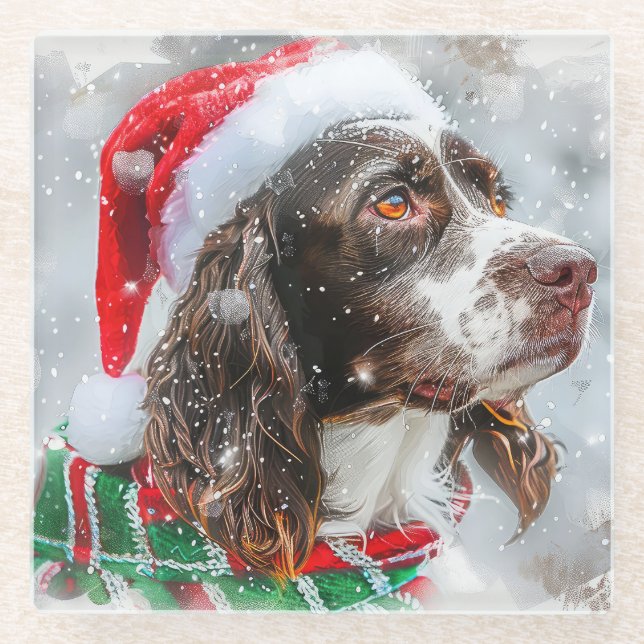Springer Spaniel Dog Christmas Festive Glass Coaster (Front)