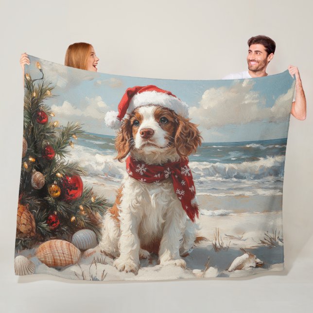 Springer Spaniel Dog Christmas Vintage Beach Fleece Blanket (In Situ)