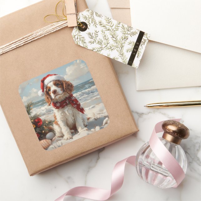 Springer Spaniel Dog Christmas Vintage Beach Square Sticker (Gifting)