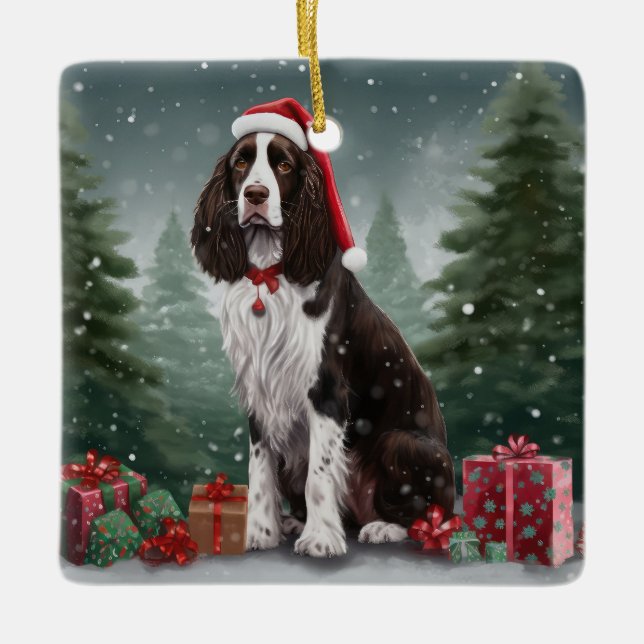Springer Spaniel Dog in Snow Christmas Ceramic Ornament (Front)