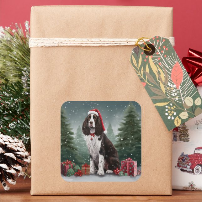 Springer Spaniel Dog in Snow Christmas Square Sticker (Holiday)