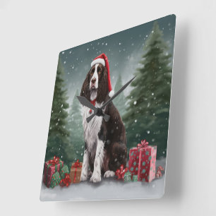 Springer Spaniel Dog in Snow Christmas Square Wall Clock