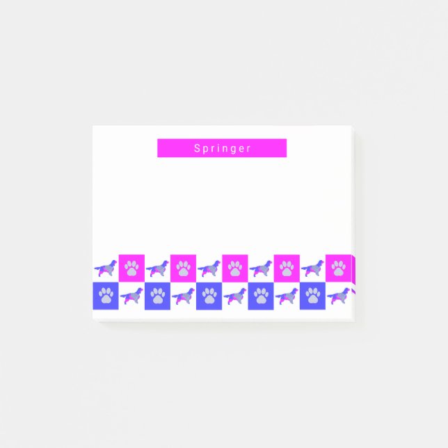 Springer Spaniel Dog & Paw Print Hot Pink & Blue Post-it Notes (Front)