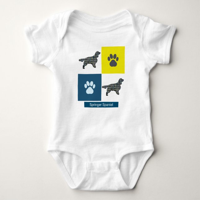 Springer Spaniel Dog & Paw Y&B Grid Square Baby Bodysuit (Front)
