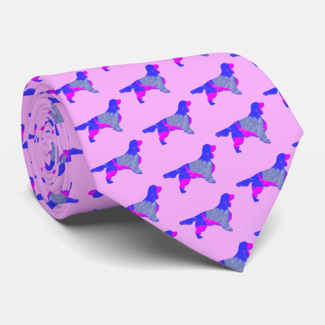 Springer Spaniel Dog Pink & Blue Dark Pink Neck Tie (Rolled)