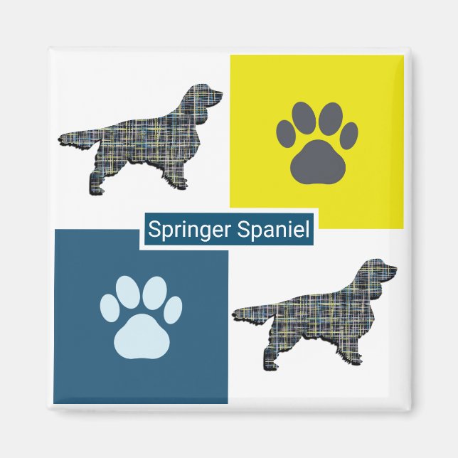 Springer Spaniel Dog Silhouette & Paw Y&B Grid Magnet (Front)