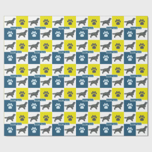Springer Spaniel Dog Silhouette & Paw Y&B Grid Wrapping Paper