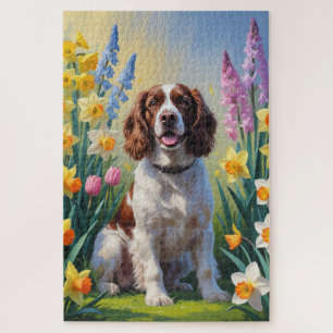 Springer Spaniel Dog Spring Flowers Painting  Jigsaw Puzzle