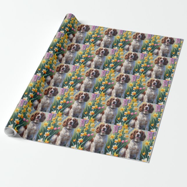Springer Spaniel Dog Spring Flowers Painting  Wrapping Paper (Unrolled)