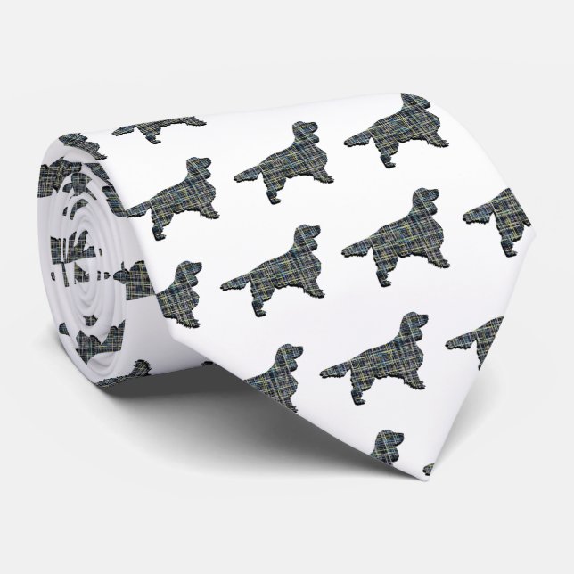 Springer Spaniel Dog Yellow & Black Grid White Tie (Rolled)