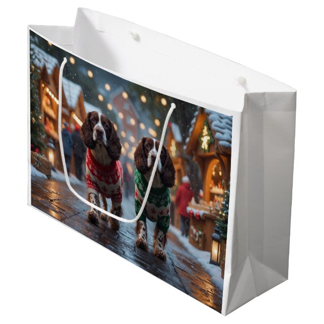 Springer Spaniel Dogs Christmas Snow Holiday Large Gift Bag (Front Angled)