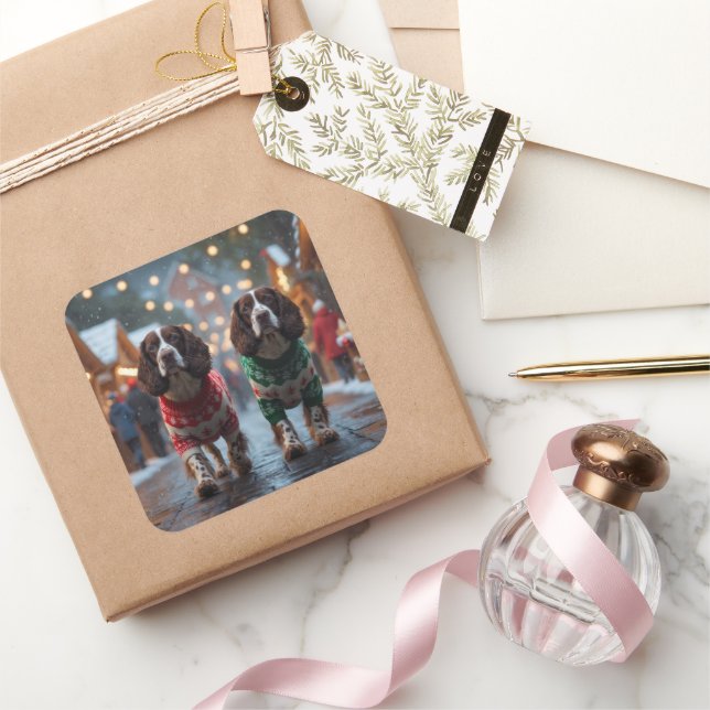 Springer Spaniel Dogs Christmas Snow Holiday Square Sticker (Gifting)