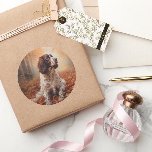 Springer Spaniel in Autumn Leaves Fall Inspire  Classic Round Sticker (Gifting)