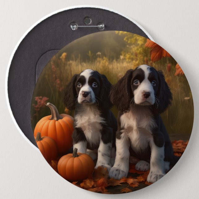 Springer Spaniel Puppy Autumn Delight Pumpkin  6 Cm Round Badge (Front & Back)