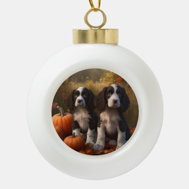 Springer Spaniel Puppy Autumn Delight Pumpkin  Ceramic Ball Christmas Ornament (Front)