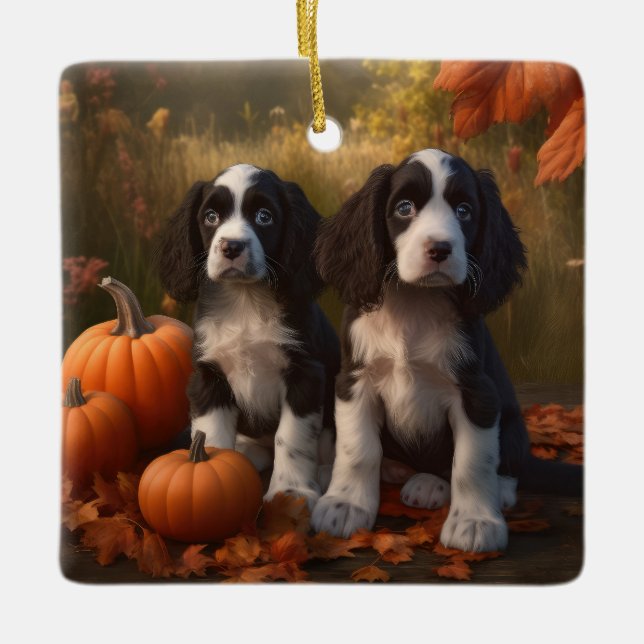 Springer Spaniel Puppy Autumn Delight Pumpkin  Ceramic Ornament (Front)