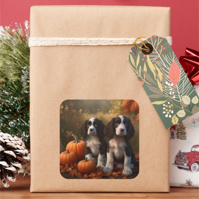Springer Spaniel Puppy Autumn Delight Pumpkin  Square Sticker (Holiday)