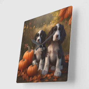 Springer Spaniel Puppy Autumn Delight Pumpkin Square Wall Clock