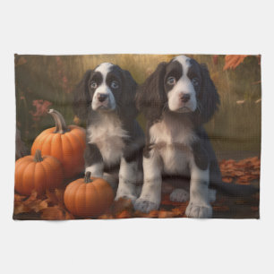 Springer Spaniel Puppy Autumn Delight Pumpkin  Tea Towel