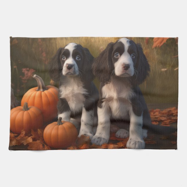 Springer Spaniel Puppy Autumn Delight Pumpkin  Tea Towel (Horizontal)