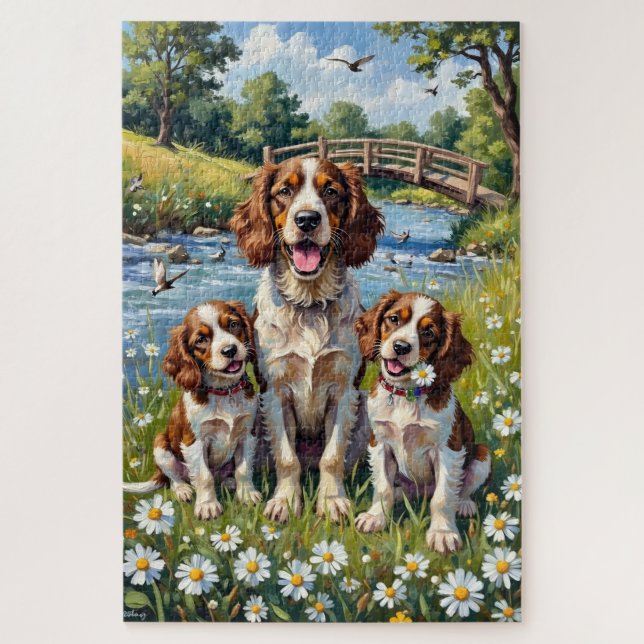 Springer Spaniel Riverside Daisy Art Jigsaw Puzzle (Vertical)