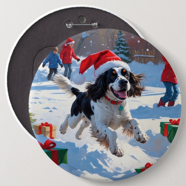 Springer Spaniel Running Snow with Christmas Hat 6 Cm Round Badge (Front & Back)