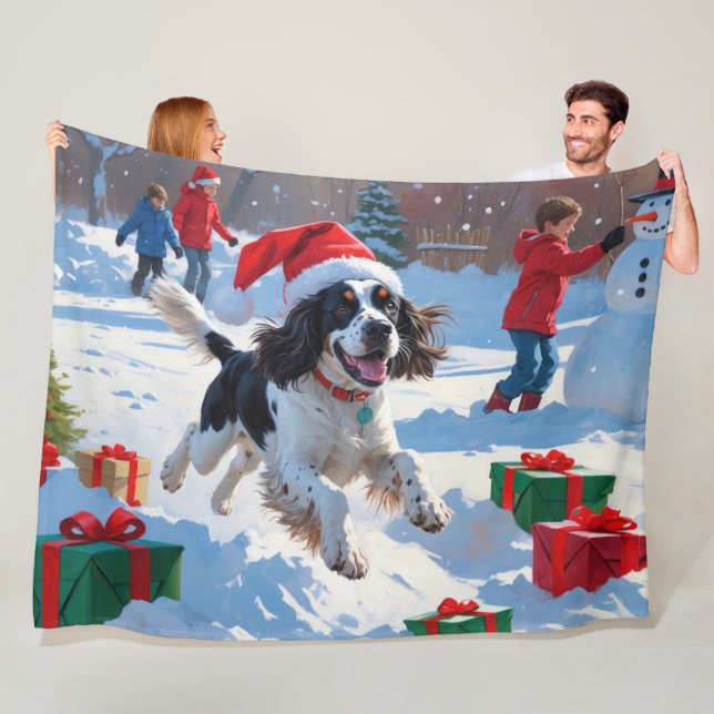 Springer Spaniel Running Snow with Christmas Hat Fleece Blanket (In Situ)