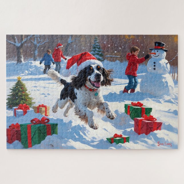 Springer Spaniel Running Snow with Christmas Hat Jigsaw Puzzle (Horizontal)