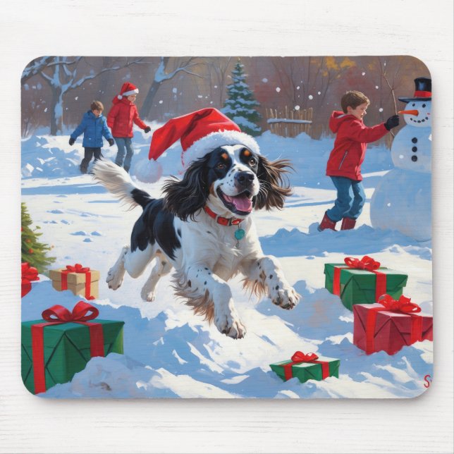 Springer Spaniel Running Snow with Christmas Hat Mouse Pad (Front)