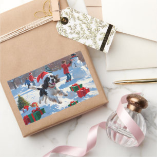 Springer Spaniel Running Snow with Christmas Hat Rectangular Sticker
