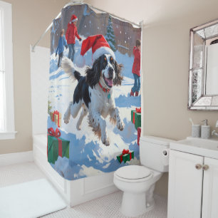 Springer Spaniel Running Snow with Christmas Hat Shower Curtain