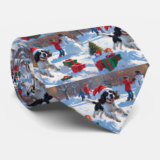 Springer Spaniel Running Snow with Christmas Hat Tie (Rolled)